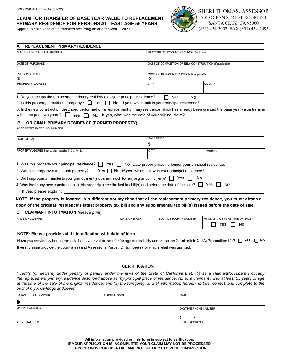 Form BOE-19-B Claim for Transfer of Base Year Value to Replacement Primary Residence for Persons at Least Age 55 Years - Santa Cruz County, California, Page 1