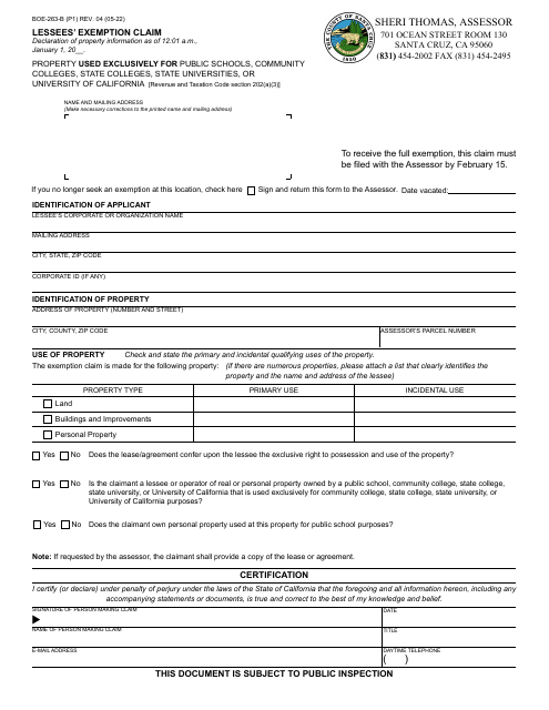 Form BOE-263-B Lessees' Exemption Claim - Santa Cruz County, California