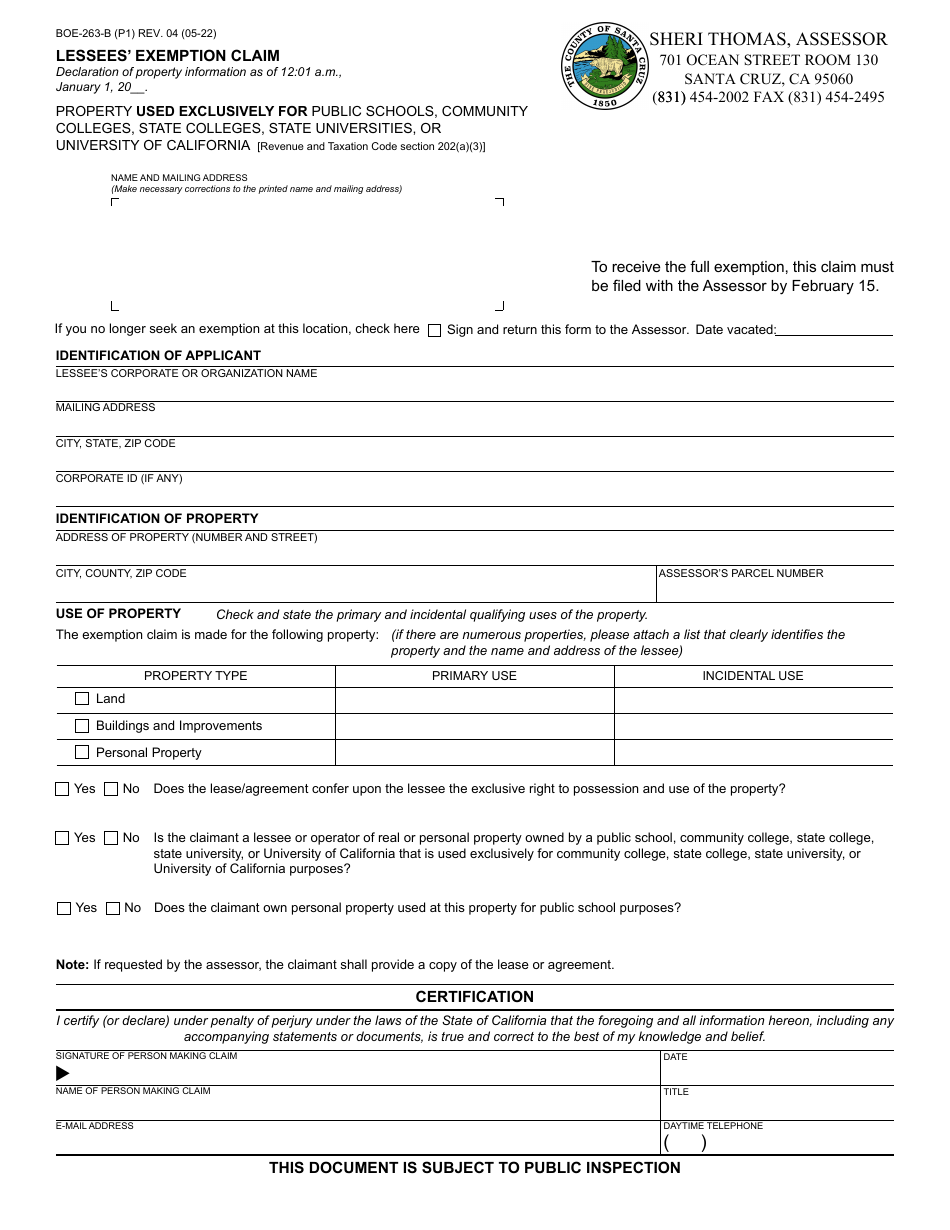 Form BOE-263-B Lessees Exemption Claim - Santa Cruz County, California, Page 1