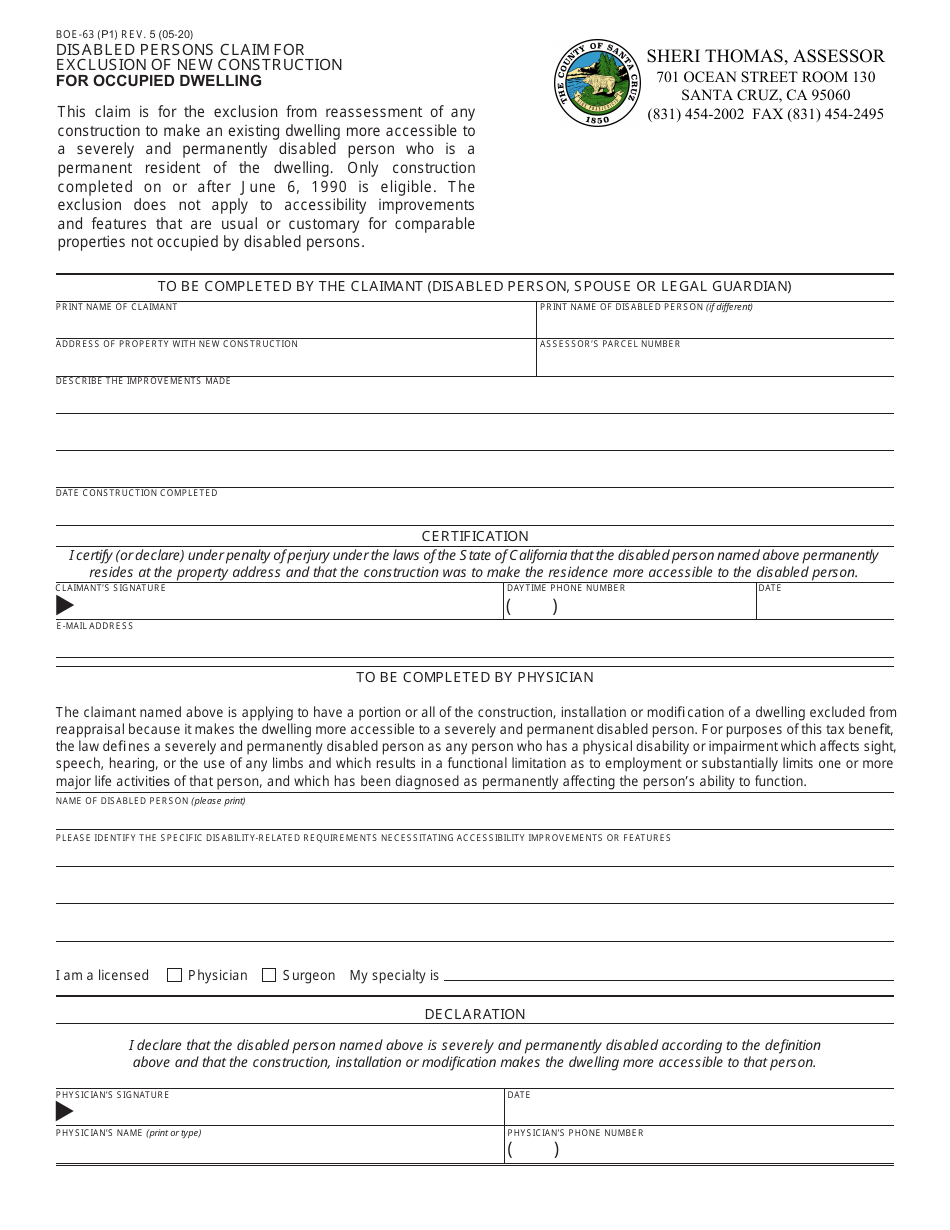 Form BOE-63 Disabled Persons Claim for Exclusion of New Construction for Occupied Dwelling - Santa Cruz County, California, Page 1