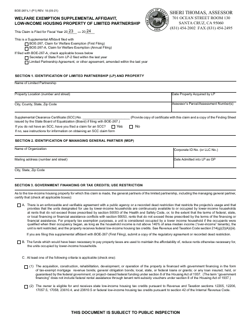 Form BOE-267-L1 Welfare Exemption Supplemental Affidavit, Low-Income Housing Property of Limited Partnership - Santa Cruz County, California