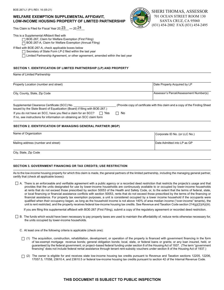 Form BOE-267-L1 Welfare Exemption Supplemental Affidavit, Low-Income Housing Property of Limited Partnership - Santa Cruz County, California, Page 1