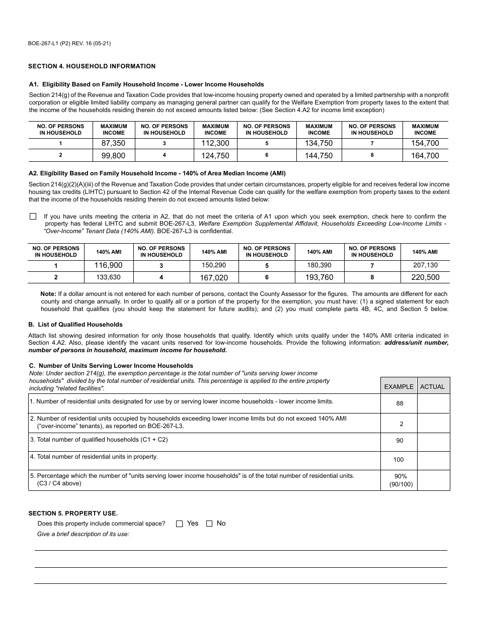 Form BOE-267-L1 Welfare Exemption Supplemental Affidavit, Low-Income Housing Property of Limited Partnership - Santa Cruz County, California, Page 2