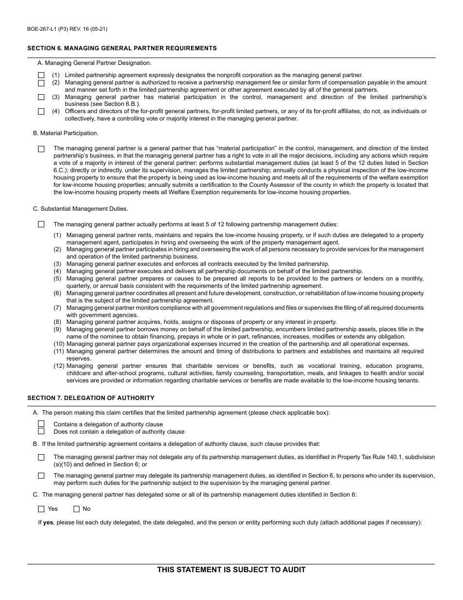Form BOE-267-L1 Welfare Exemption Supplemental Affidavit, Low-Income Housing Property of Limited Partnership - Santa Cruz County, California, Page 3