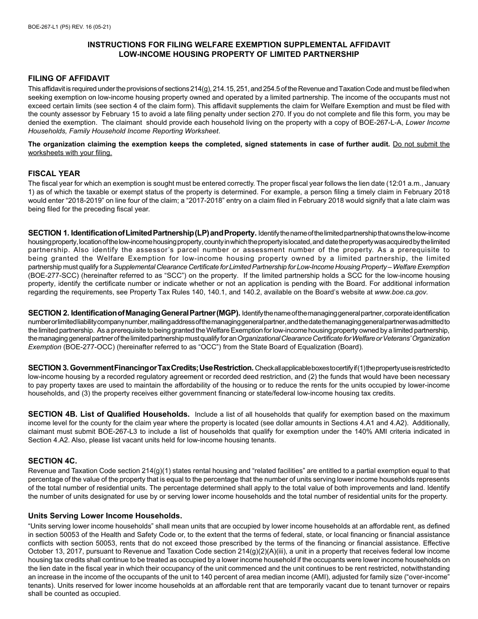 Form BOE-267-L1 Welfare Exemption Supplemental Affidavit, Low-Income Housing Property of Limited Partnership - Santa Cruz County, California, Page 5