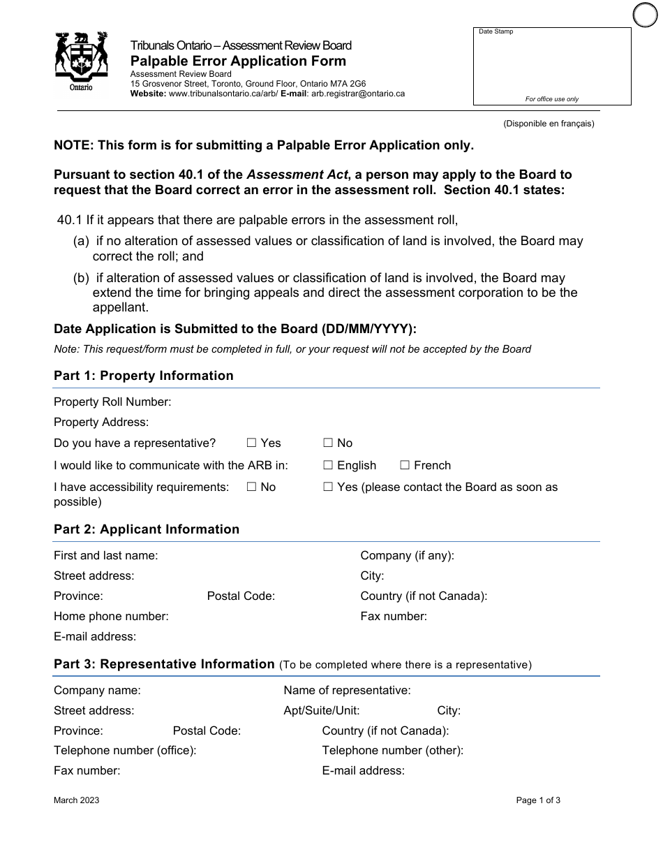 Ontario Canada Palpable Error Application Form - Fill Out, Sign Online ...