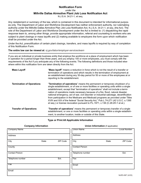 Form NJES-997 Notification Form Under the Millville Dallas Airmotive Plant Job Loss Notification Act - New Jersey