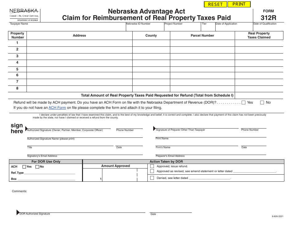 Form 312R Nebraska Advantage Act Claim for Reimbursement of Real Property Taxes Paid - Nebraska, Page 1