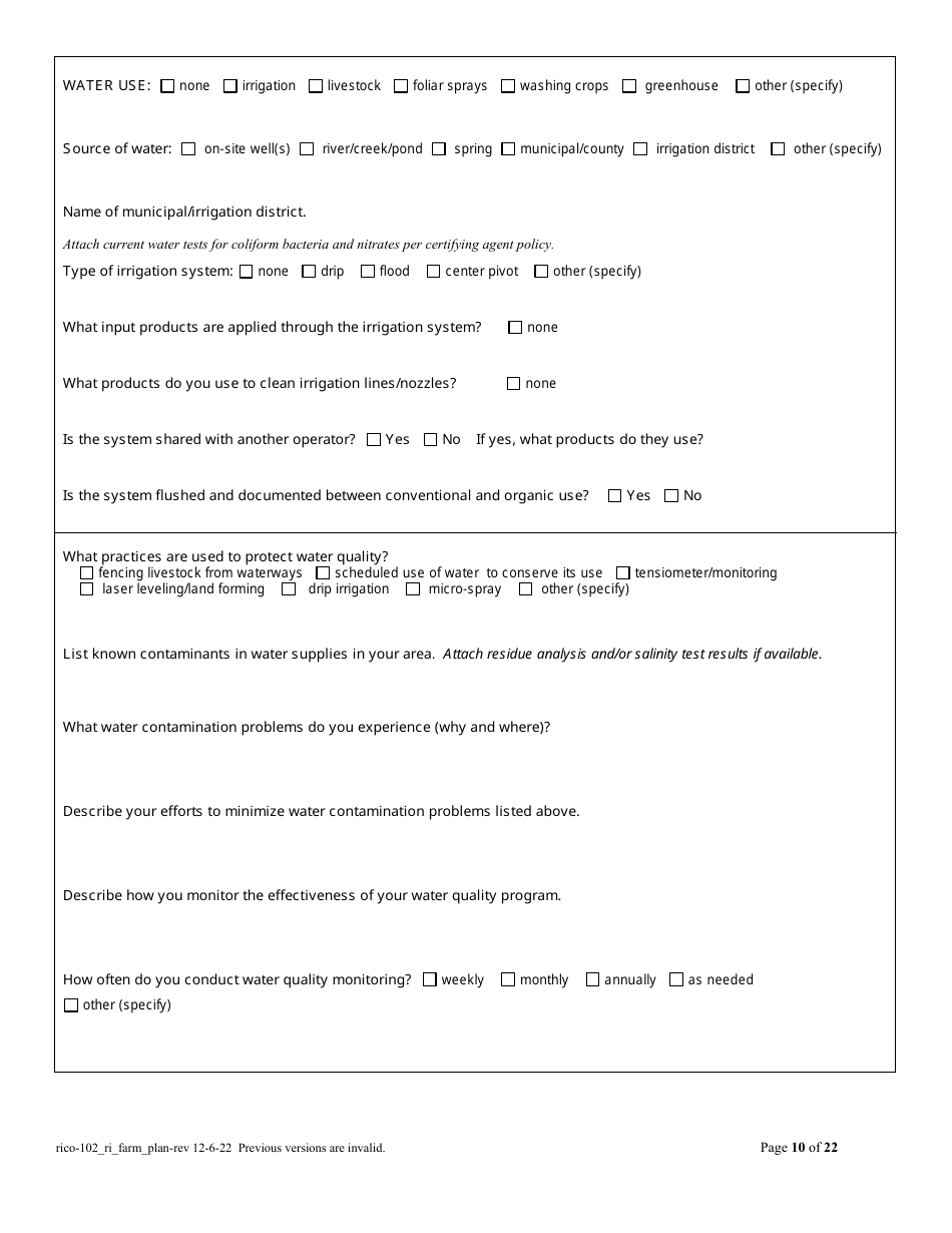 RICO Form 102 Organic Farm Plan Questionnaire - Rhode Island, Page 10