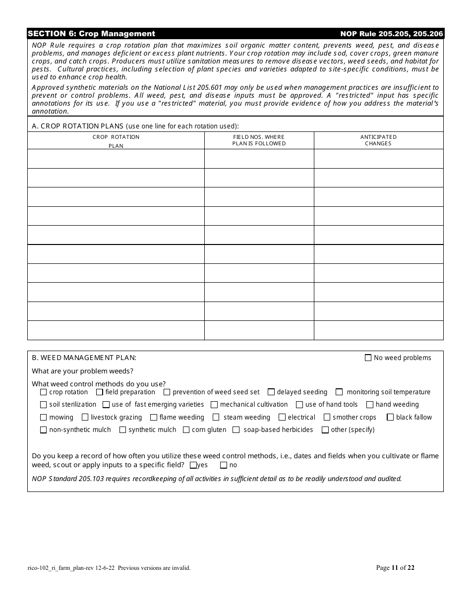 RICO Form 102 Organic Farm Plan Questionnaire - Rhode Island, Page 11