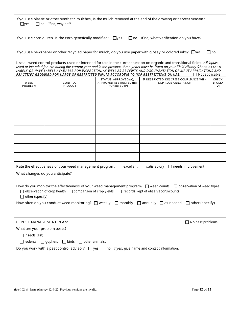 RICO Form 102 Organic Farm Plan Questionnaire - Rhode Island, Page 12