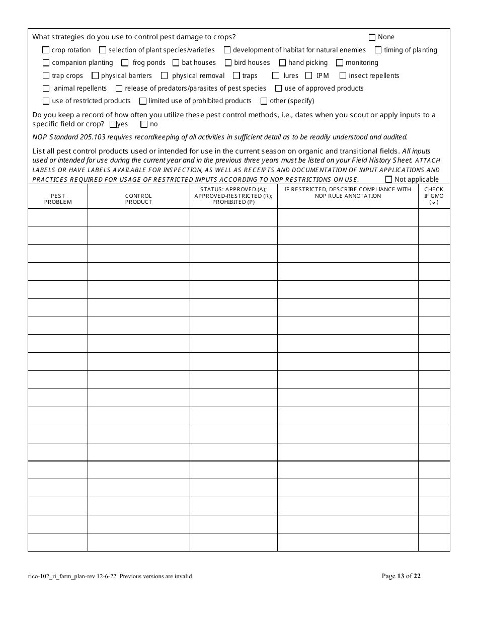 Rico Form 102 Download Printable Pdf Or Fill Online Organic Farm Plan Questionnaire Rhode