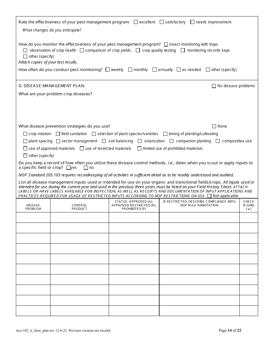 RICO Form 102 Organic Farm Plan Questionnaire - Rhode Island, Page 14