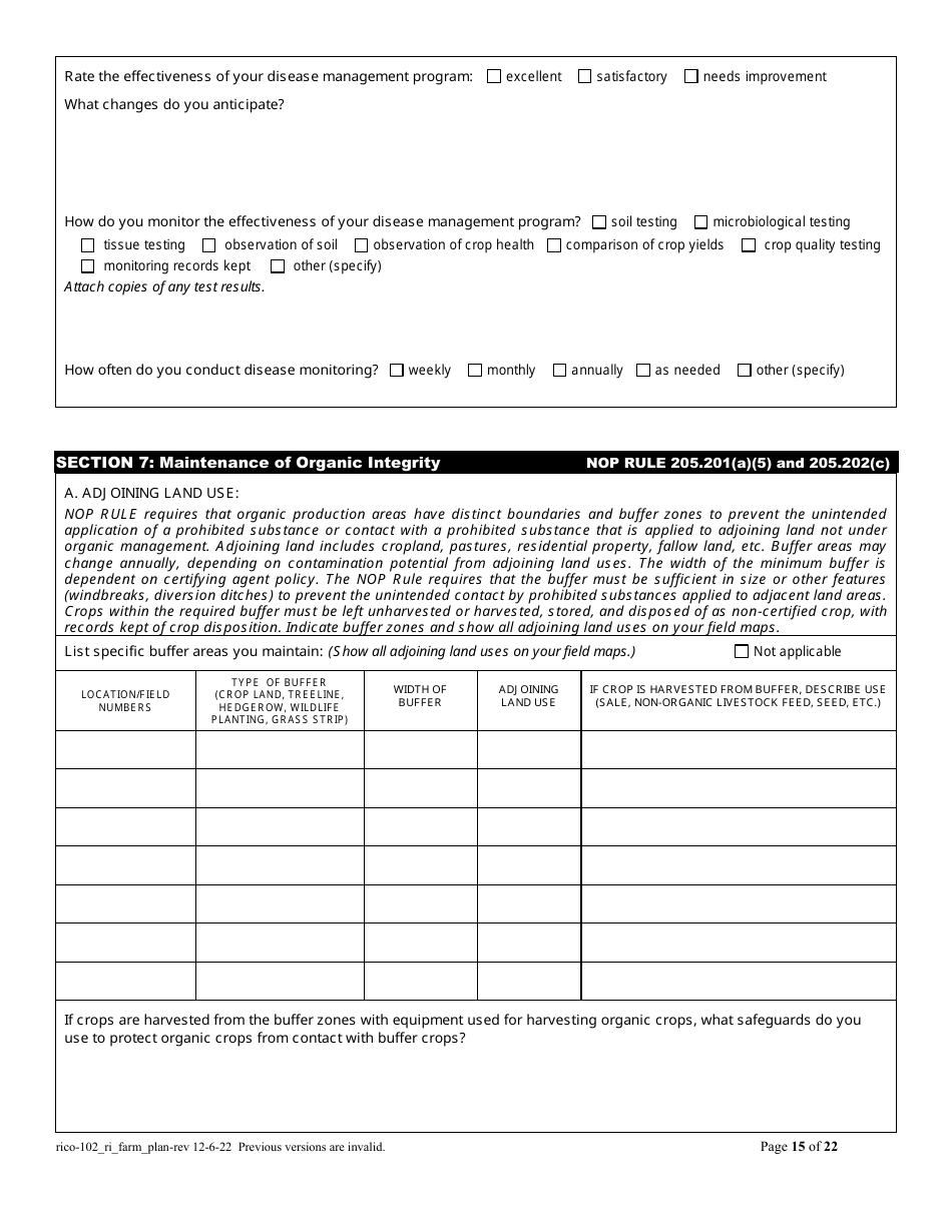 RICO Form 102 Organic Farm Plan Questionnaire - Rhode Island, Page 15