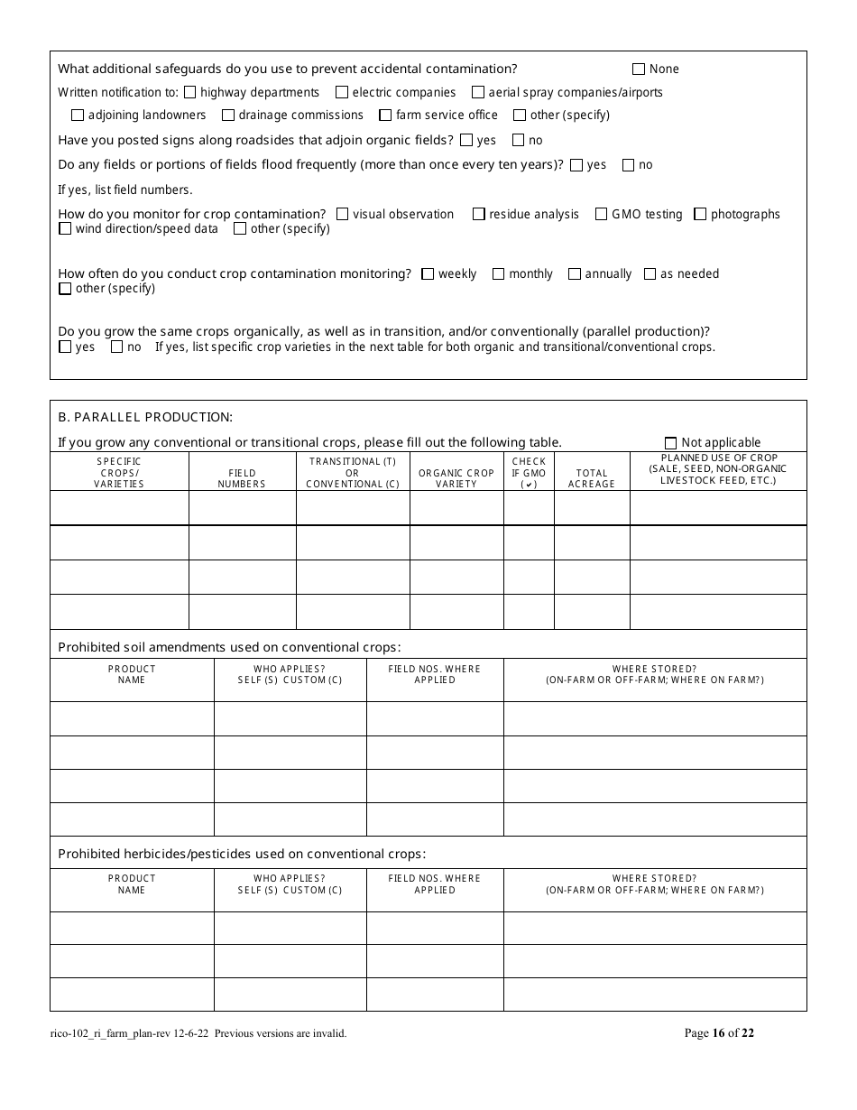 RICO Form 102 Organic Farm Plan Questionnaire - Rhode Island, Page 16