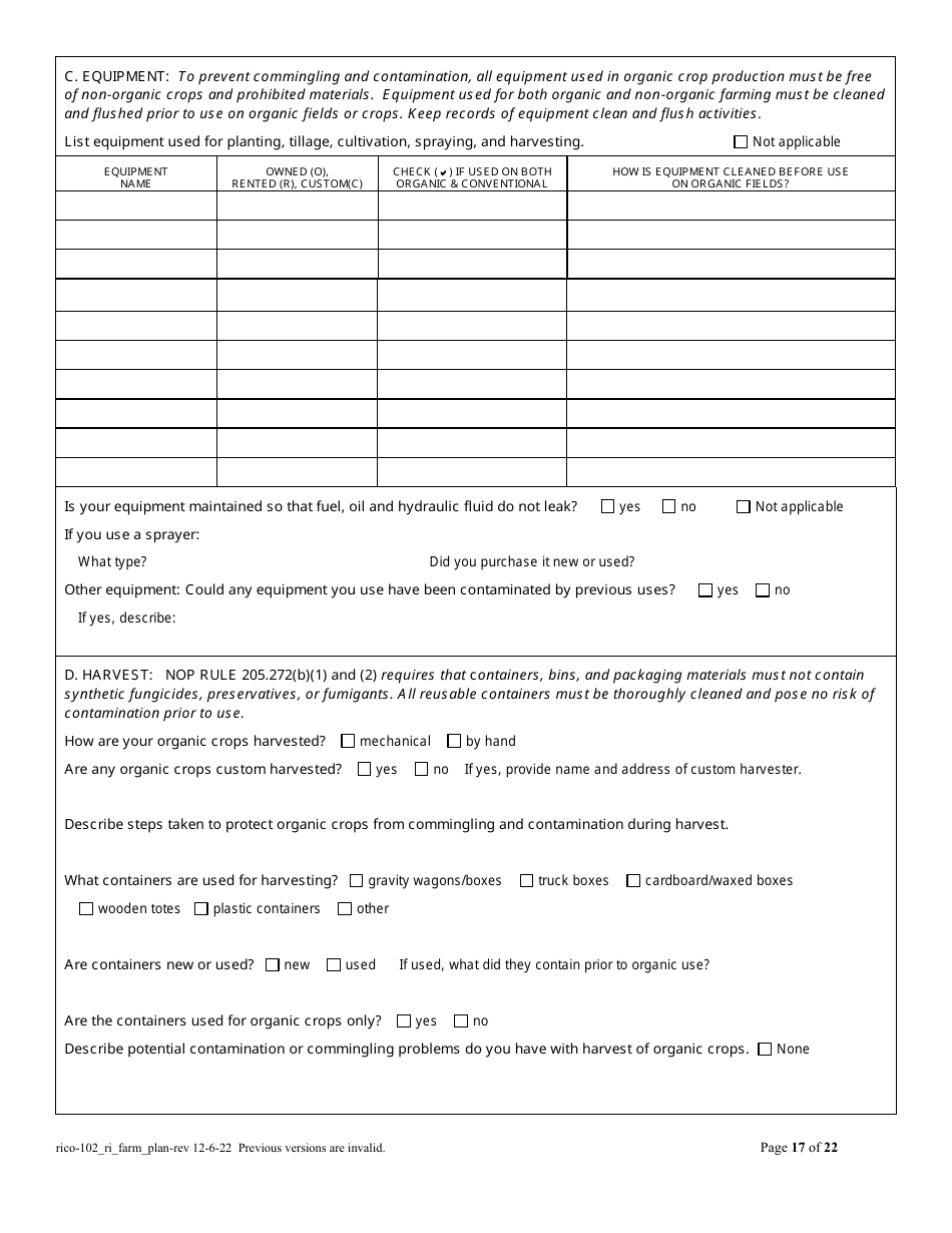 RICO Form 102 Organic Farm Plan Questionnaire - Rhode Island, Page 17