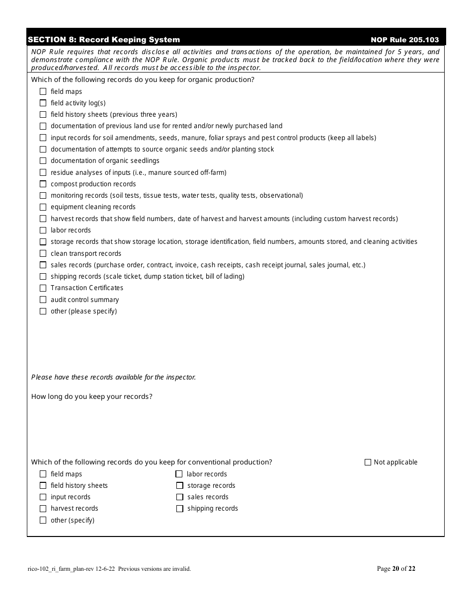 RICO Form 102 Organic Farm Plan Questionnaire - Rhode Island, Page 20