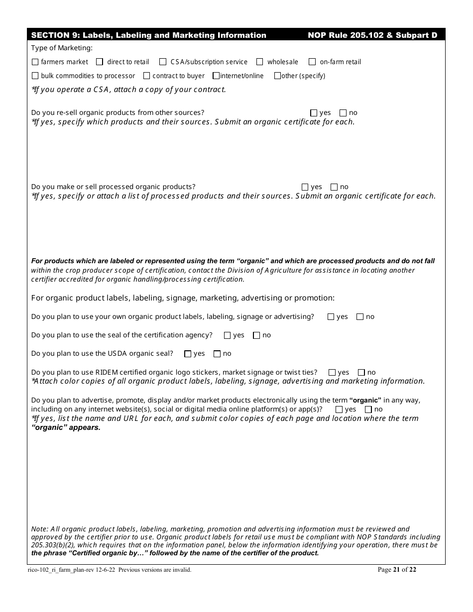 Rico Form 102 Download Printable Pdf Or Fill Online Organic Farm Plan Questionnaire Rhode