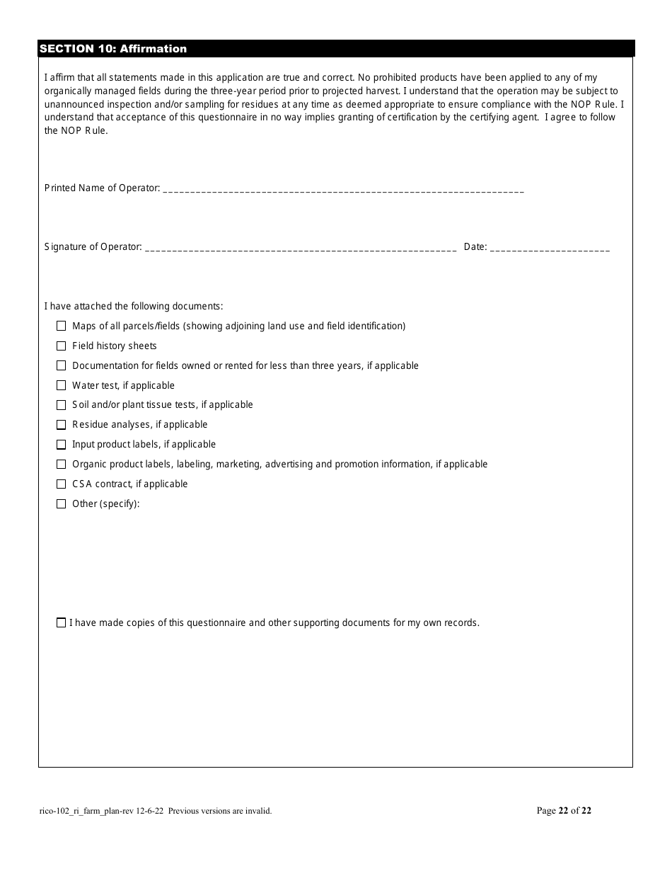 RICO Form 102 Organic Farm Plan Questionnaire - Rhode Island, Page 22