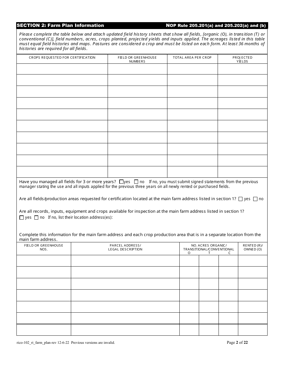 RICO Form 102 Organic Farm Plan Questionnaire - Rhode Island, Page 2