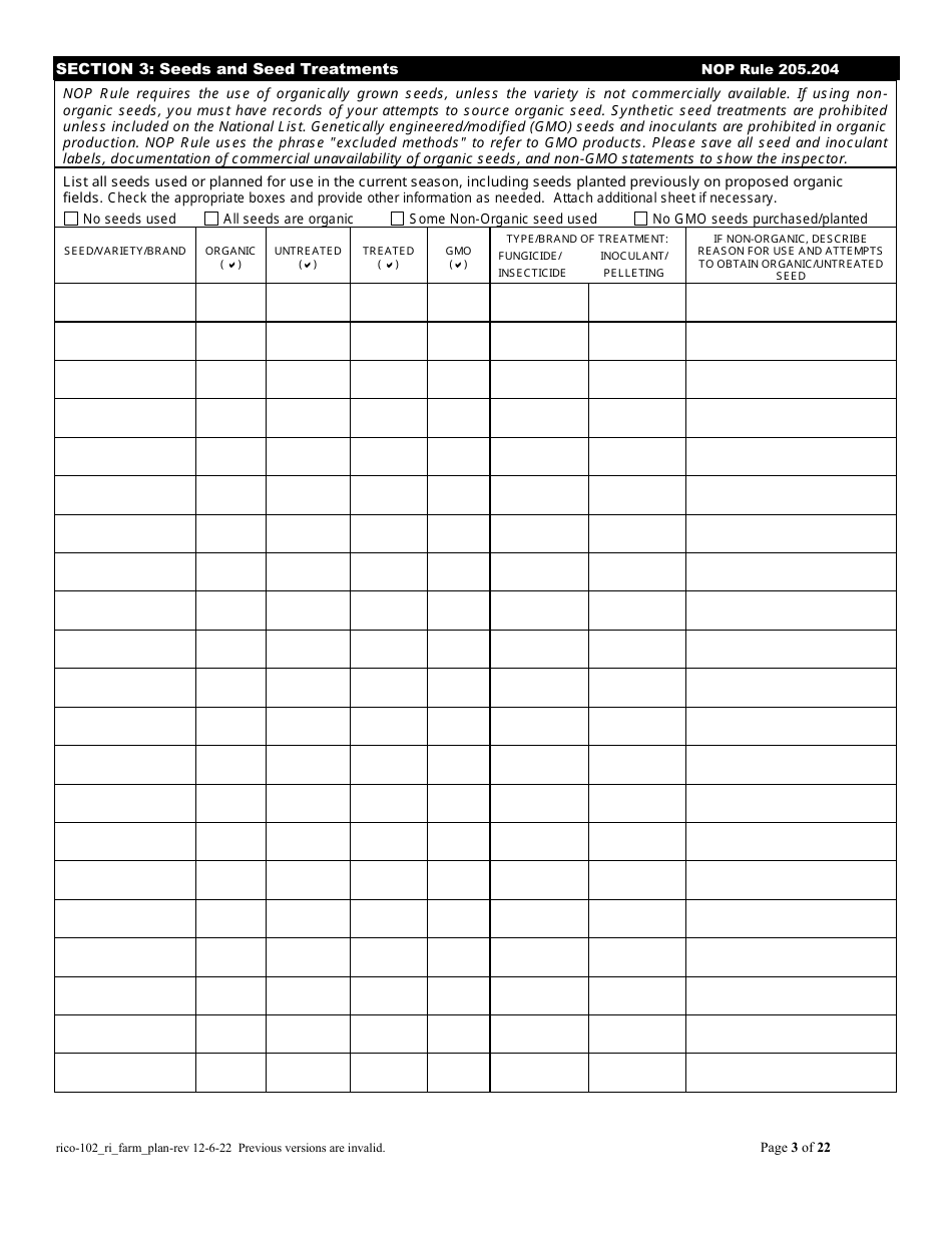 RICO Form 102 Organic Farm Plan Questionnaire - Rhode Island, Page 3
