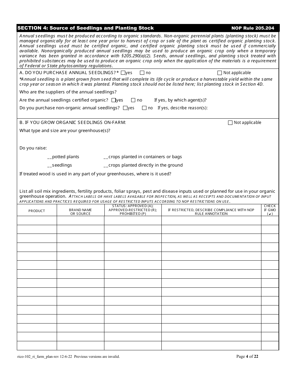 RICO Form 102 Organic Farm Plan Questionnaire - Rhode Island, Page 4