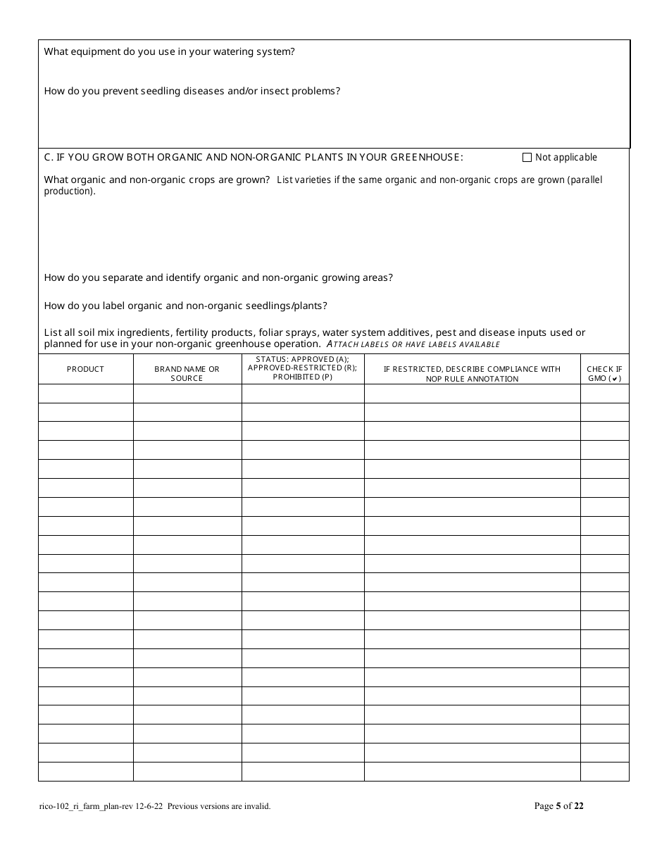 RICO Form 102 Organic Farm Plan Questionnaire - Rhode Island, Page 5