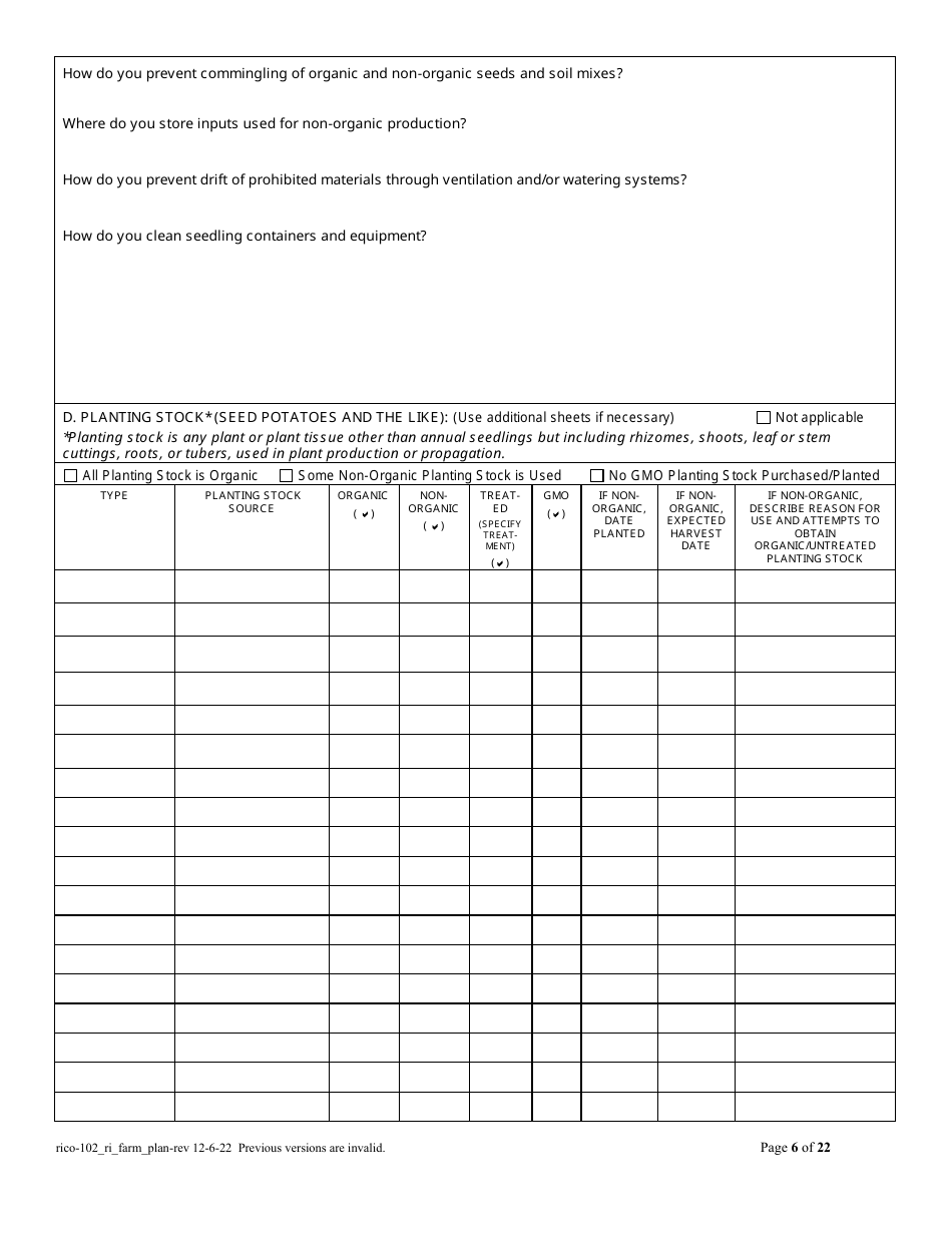 RICO Form 102 Organic Farm Plan Questionnaire - Rhode Island, Page 6