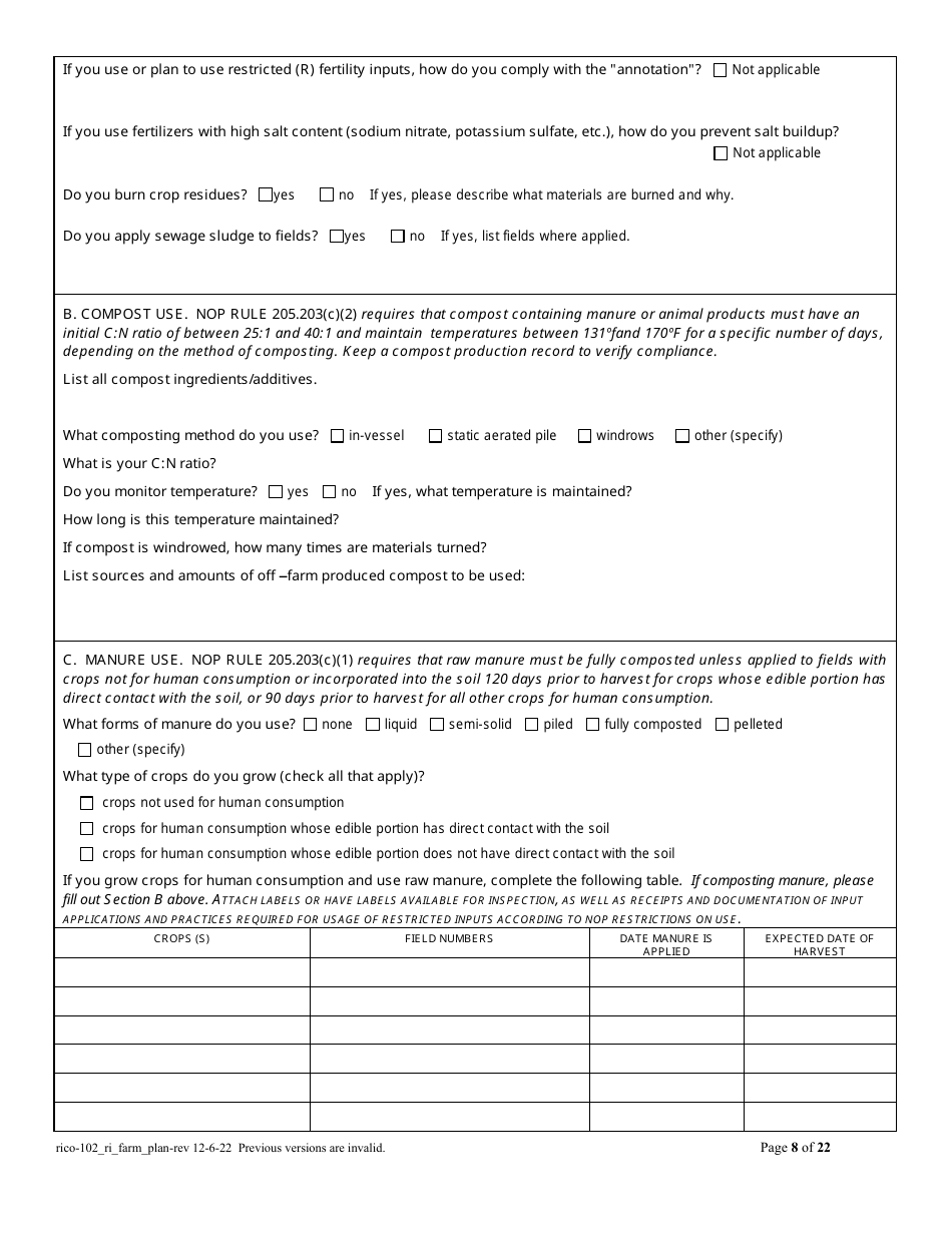 RICO Form 102 Organic Farm Plan Questionnaire - Rhode Island, Page 8