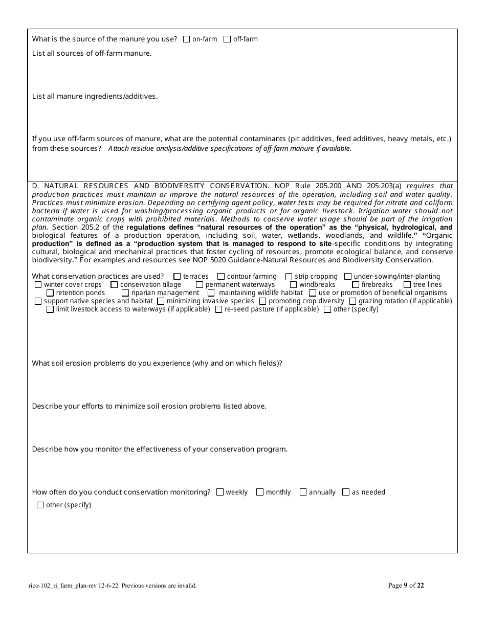 RICO Form 102 Organic Farm Plan Questionnaire - Rhode Island, Page 9