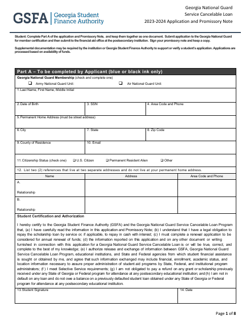 Georgia National Guard Service Cancelable Loan Application and Promissory Note - Georgia (United States), 2024
