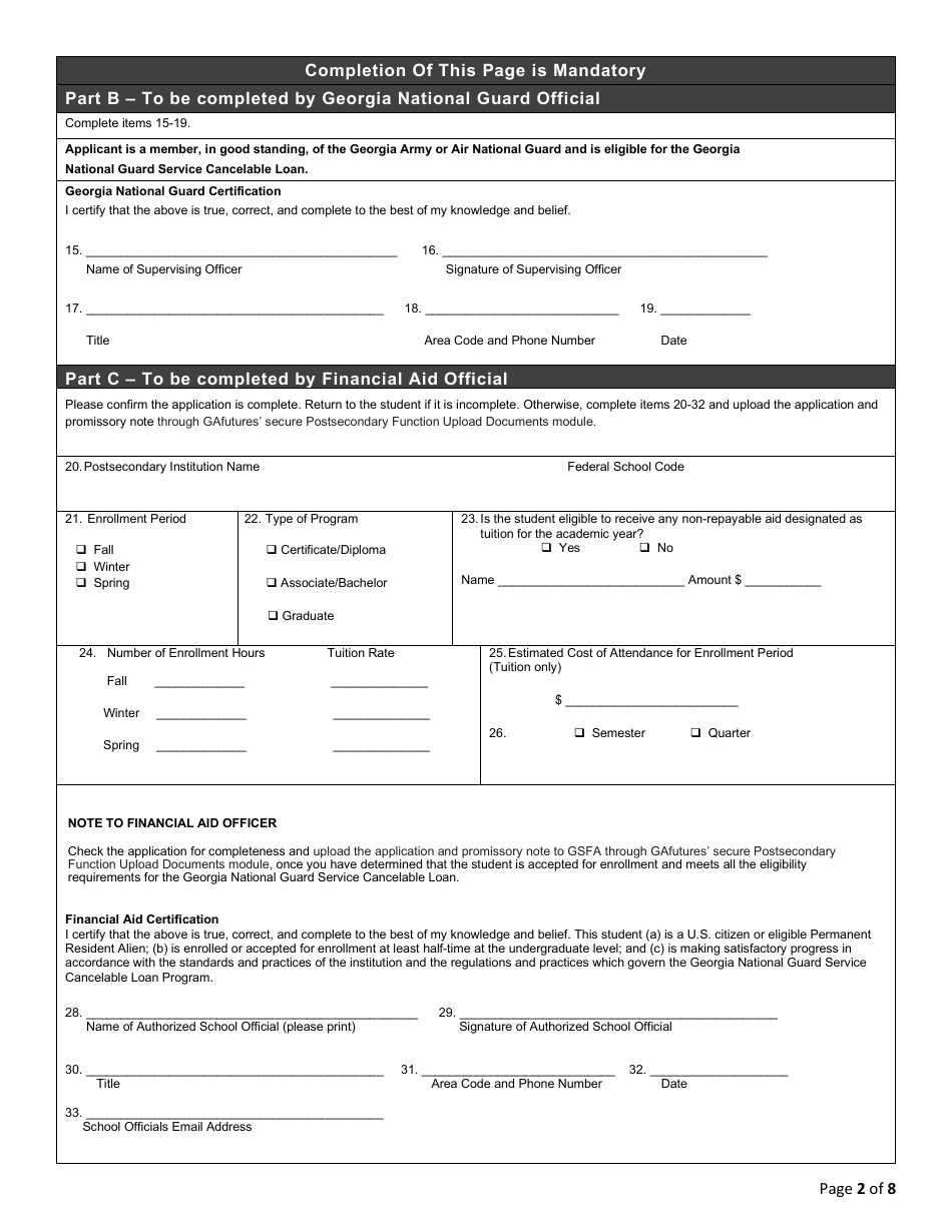 2024 Georgia United States Georgia National Guard Service Cancelable Loan Application And