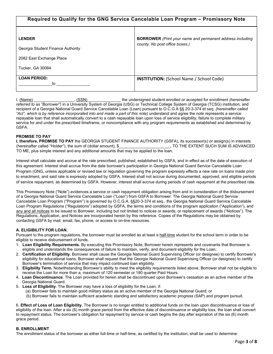 Georgia National Guard Service Cancelable Loan Application and Promissory Note - Georgia (United States), Page 3