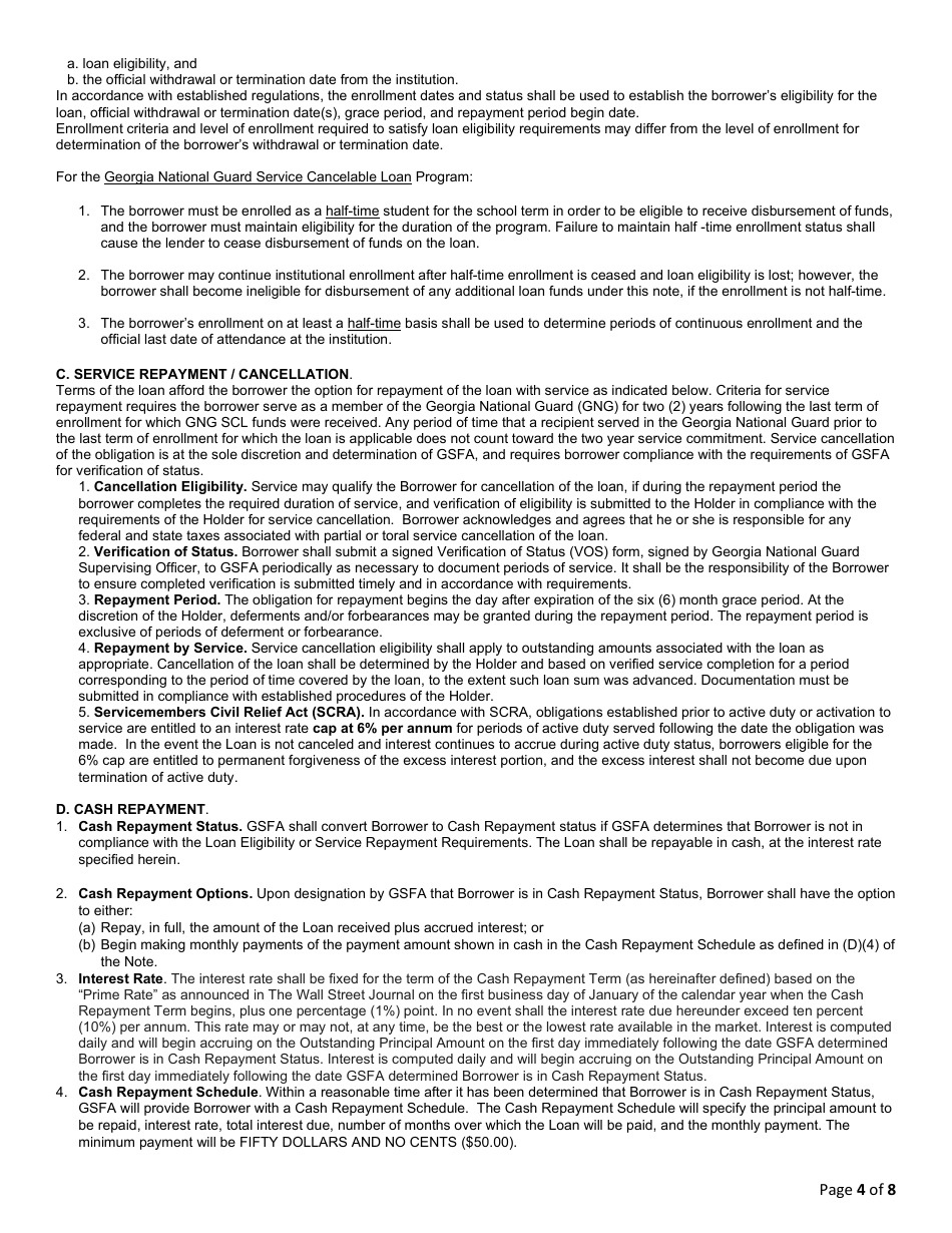 Georgia National Guard Service Cancelable Loan Application and Promissory Note - Georgia (United States), Page 4