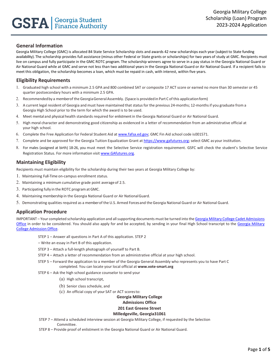 Georgia Military College Scholarship (Loan) Program Application - Georgia (United States), Page 1