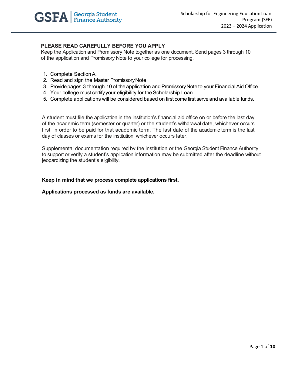 Scholarship for Engineering Education Loan Program (See) Application - Georgia (United States), Page 1