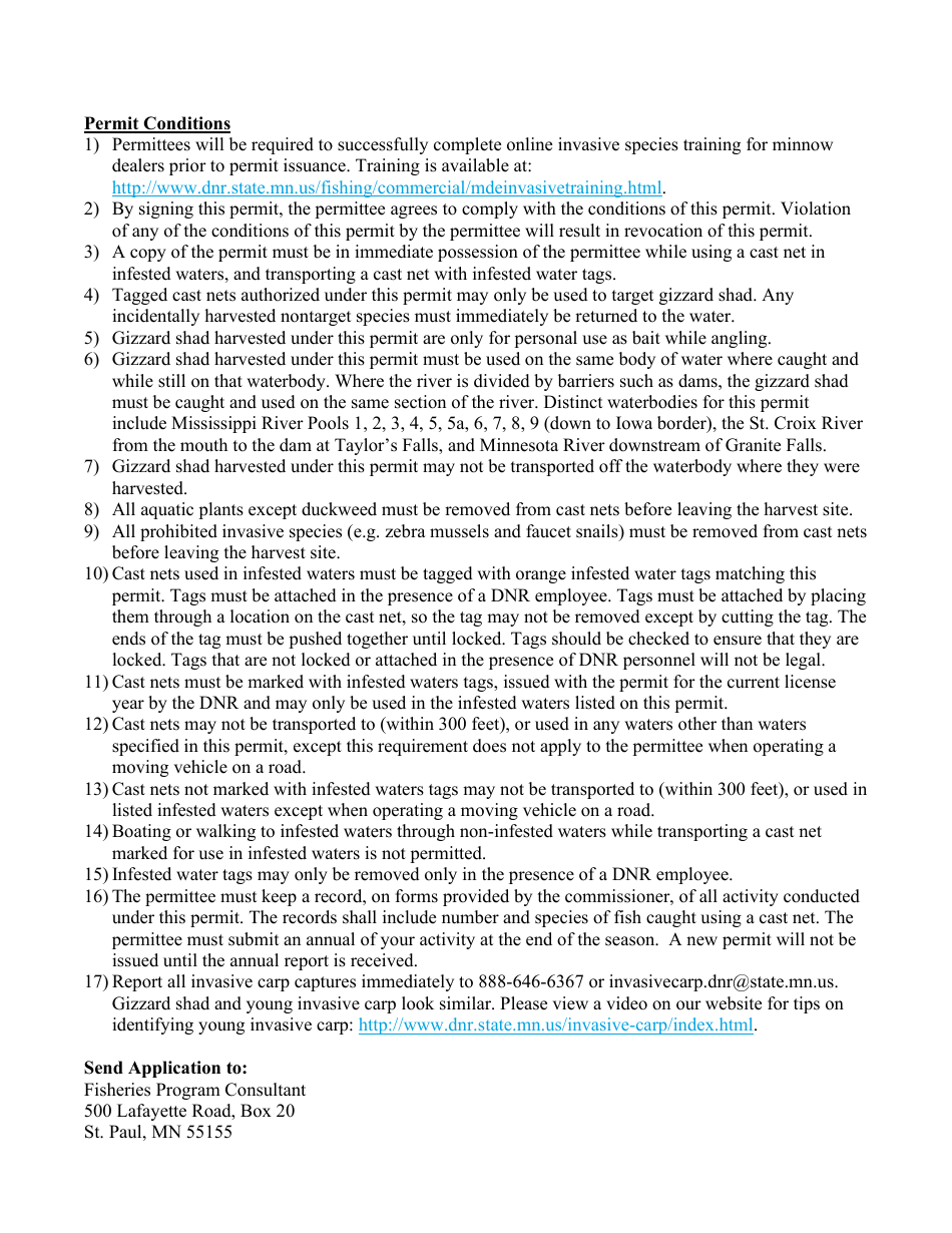 Permit Application to Use a Cast Net to Harvest Gizzard Shad From Infested Waters - Minnesota, Page 2