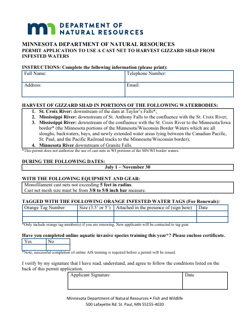Permit Application to Use a Cast Net to Harvest Gizzard Shad From Infested Waters - Minnesota Download Pdf