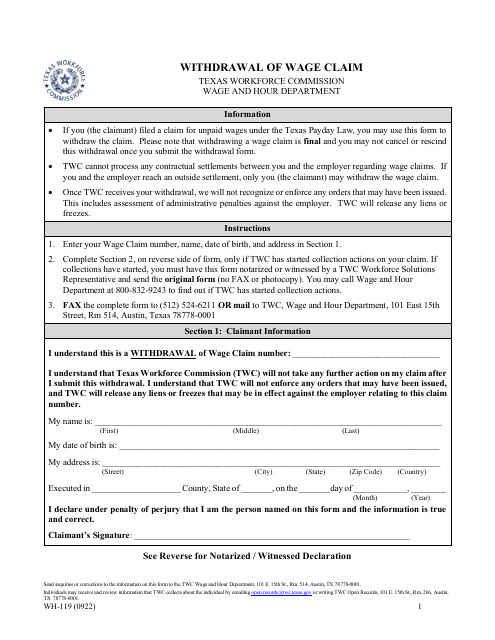 Form WH-119 Withdrawal of Wage Claim - Texas