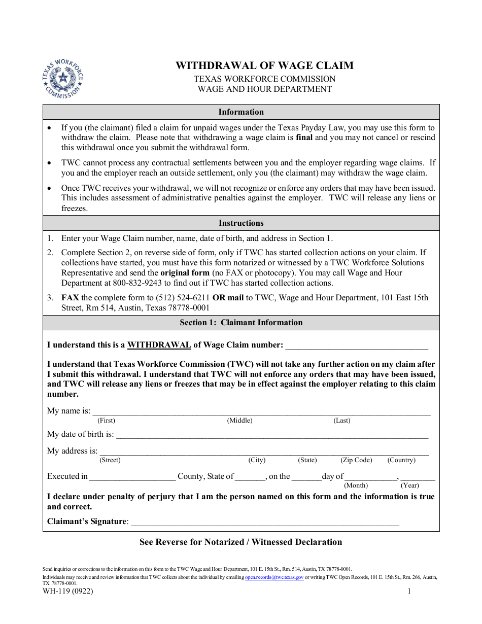 Form WH-119 Withdrawal of Wage Claim - Texas, Page 1