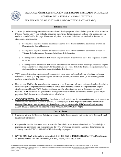 Formulario WH-120S Declaracion De Satisfaccion Del Pago De Reclamos Salariales - Texas (Spanish)