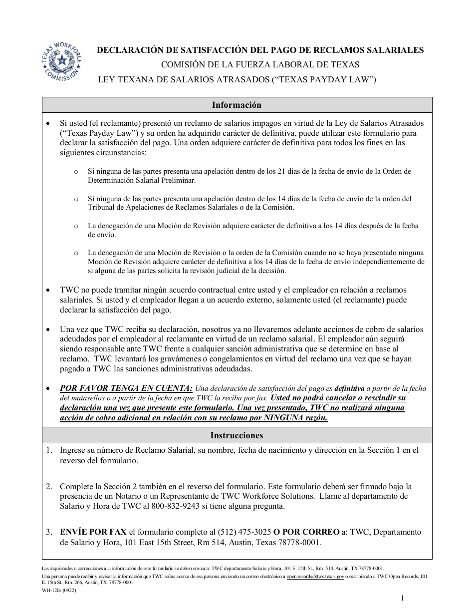 Formulario WH-120S Declaracion De Satisfaccion Del Pago De Reclamos Salariales - Texas (Spanish), Page 1