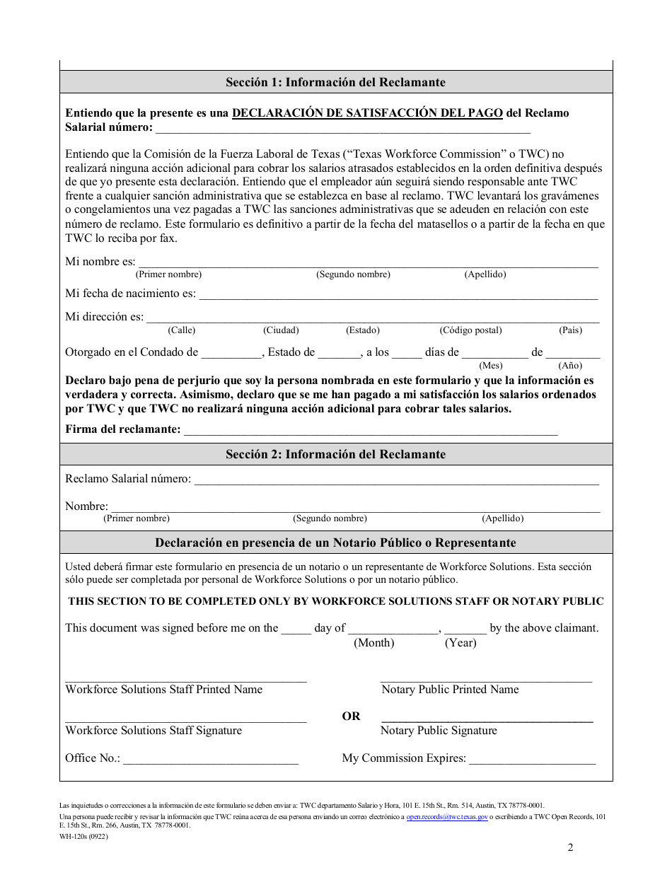 Formulario WH-120S Declaracion De Satisfaccion Del Pago De Reclamos Salariales - Texas (Spanish), Page 2