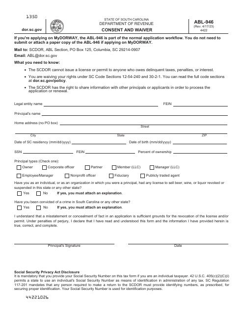 Form ABL-946 Applicant and Principal Consent and Waiver - South Carolina