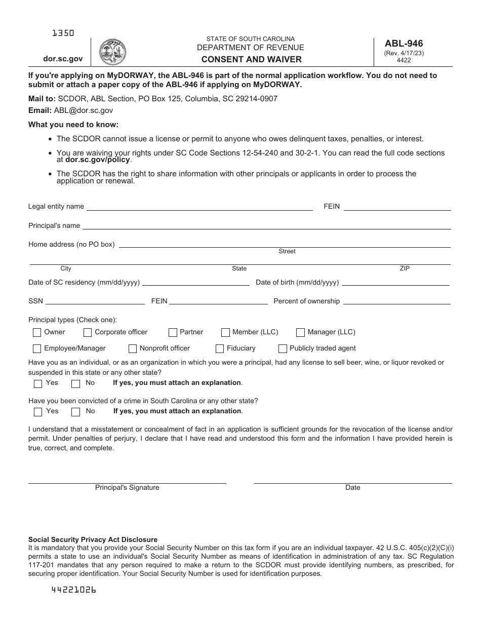 Form ABL-946 Applicant and Principal Consent and Waiver - South Carolina, Page 1