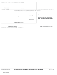 Document preview: Form Sup. Ct.115 Declaration for Issuance of Writ of Execution and Order - County of San Joaquin, California