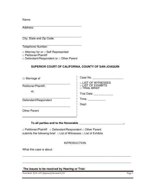Form SJ-FL-107 Trial Brief - County of San Joaquin, California