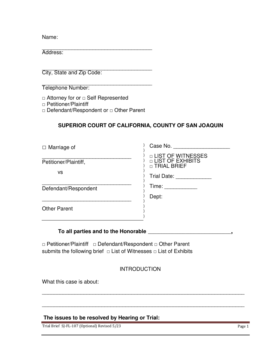 Form SJ-FL-107 Trial Brief - County of San Joaquin, California, Page 1