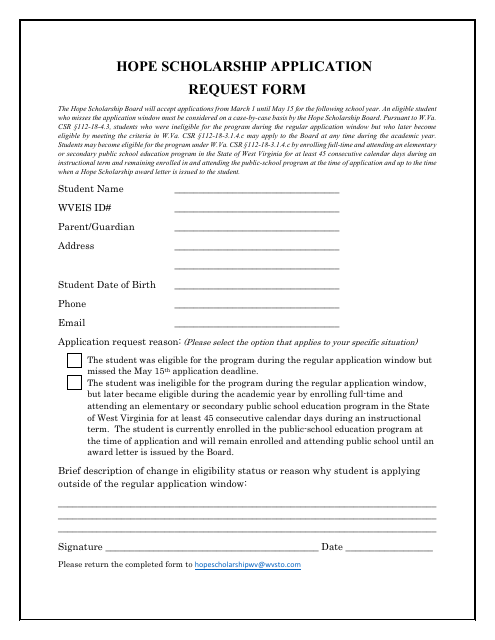 Hope Scholarship Application Request Form - West Virginia Download Pdf