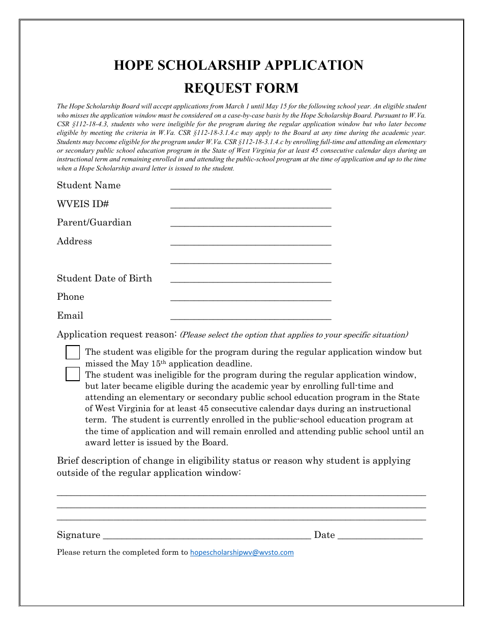 West Virginia Hope Scholarship Application Request Form Fill Out, Sign Online and Download PDF